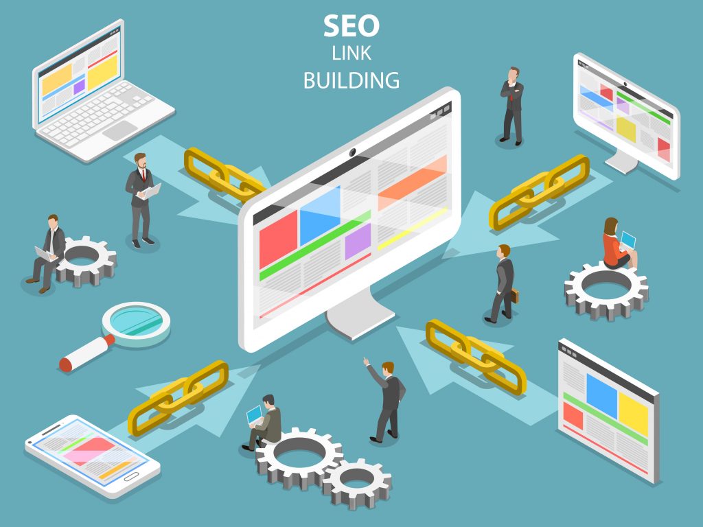 SEO link building flat isometric vector concept.